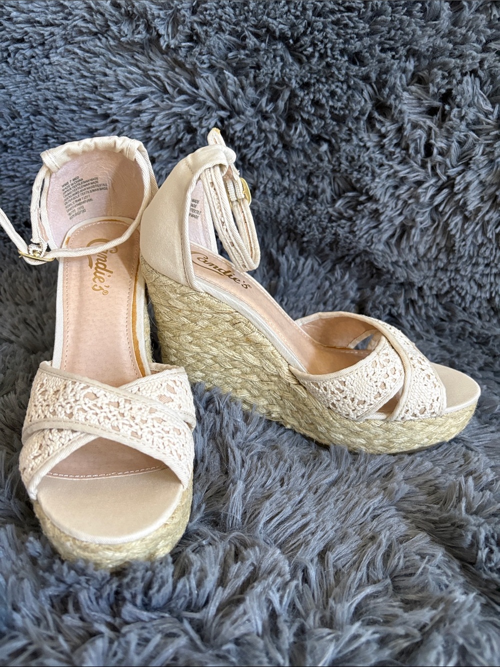Candie's Cream Crochet Espadrille Wedge Sandals with Jute Platform